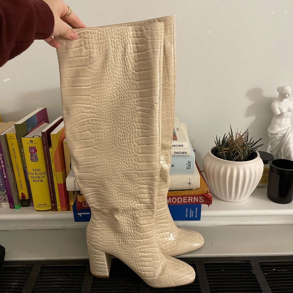 PrettyLittleThing snake print cream colored knee-high boots